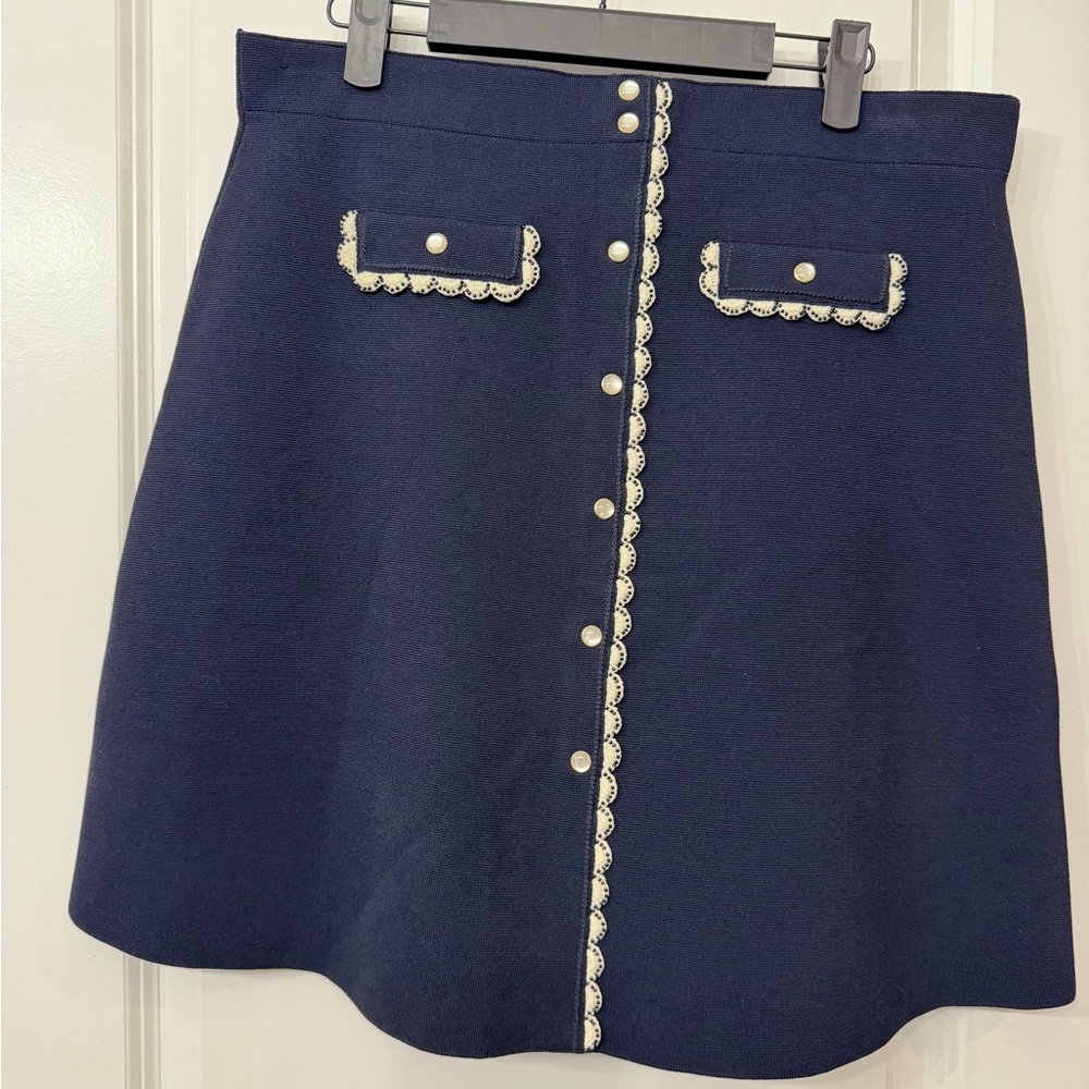 Sandro Navy A-Line Skirt with White Accents and Beaded Trim